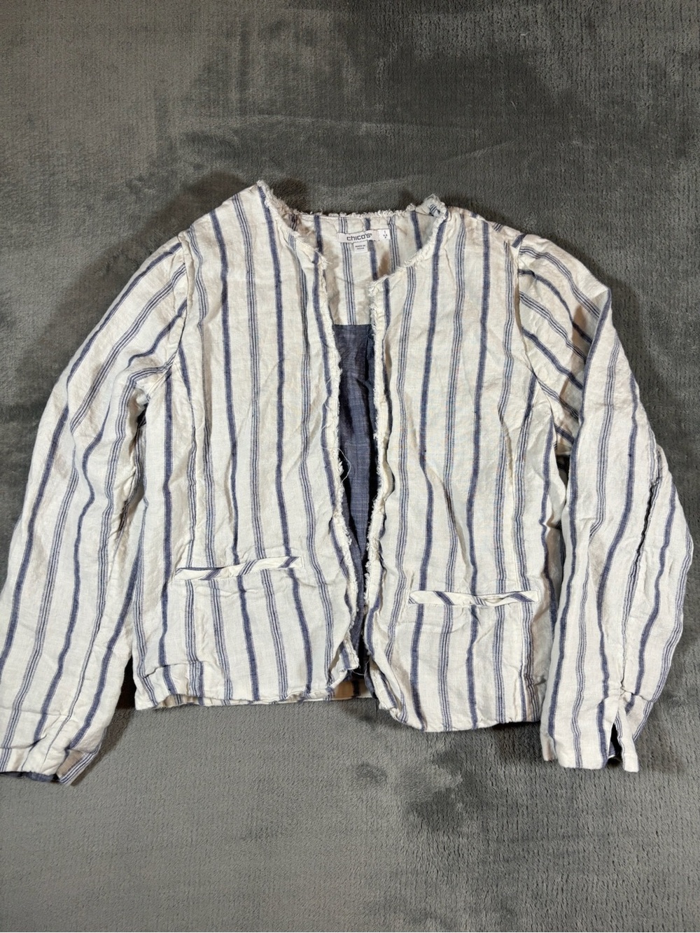 Chico's Cream & Blue Striped Linen Open-Front Jacket